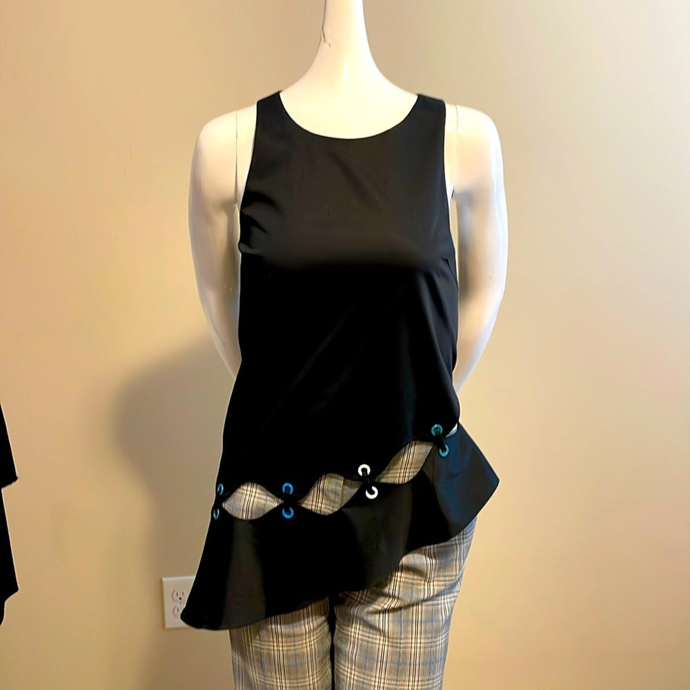 ZAC POSEN LEO TANK TOP O-RING EMBELLISHED ASYMMETRICAL RUFFLE BOTTOM BLOUSE NWT4